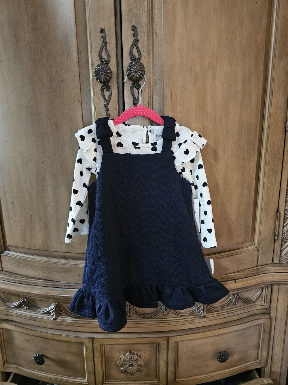 Rare Editions Navy Quilted Pinafore Dress with White Heart-Print Top